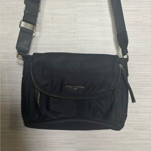 Karl Lagerfeld Paris Cara Flap Messenger Bag Purse in Black Gold Hardware